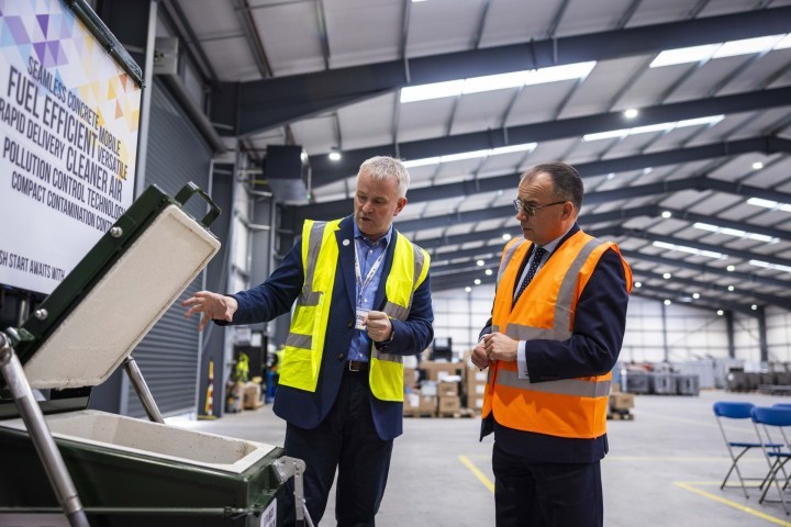 Inciner8 CEO Darren Spencer gives Exports Minister Gareth Thomas a guided tour of the company's purpose-built new factory in Burscough, Lancashire