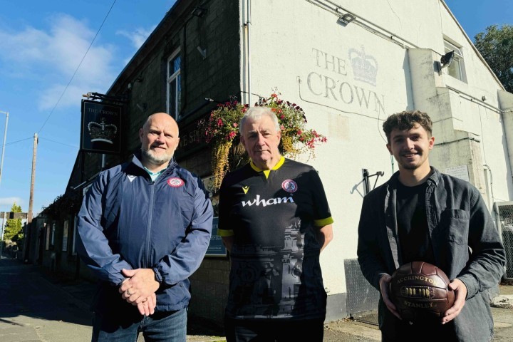 Accrington Stanley Commercial Director Warren Eastham Peter Warburton from the OASST and Matthew Cancelliere from The Crown Pub.jpg.jpg