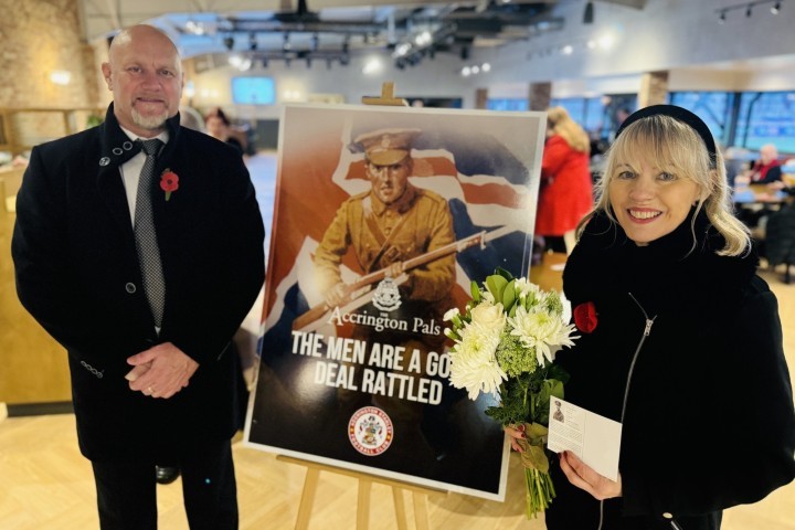 Lady Alexandra Winnington attended a special screening of the Accrington Pals documentary last year at the Wham Stadium pictured here with Warren Eastham CEO of Accrington Stanley.jpg.jpg